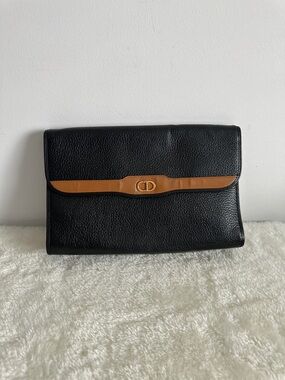 Christian Dior Two Way Black Pebbled Leather Clutch with Tan Trim